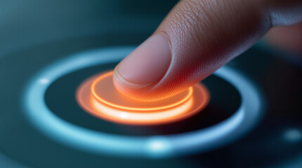 Finger Initiates Activation: Close-up of a finger poised to activate a futuristic glowing button, embodying the concept of starting, power, and high-tech interface.