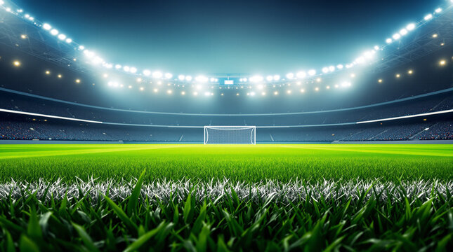 Stadium's field view: The lush green field of a grand stadium, bathed in the radiant glow of floodlights, inviting all to a match of intense competition.