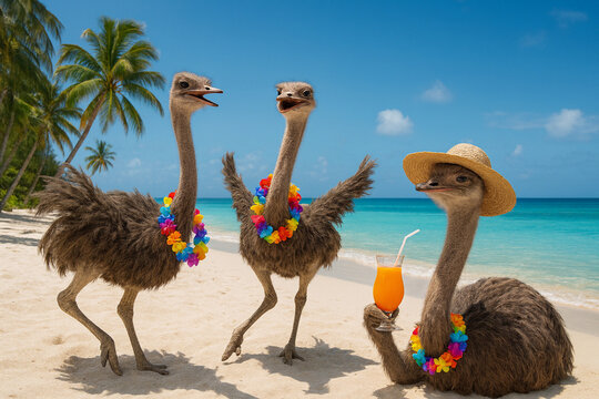 Vacances paradisiaques pour trois autruches