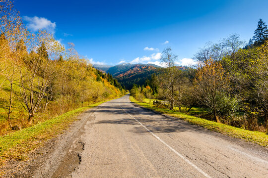 road through mountain landscape of ukraine in autumn. forest in fall colors under blue sky. snow covered peak of gorgany ridge in the distance. scenic view of transcarpathia valley on a sunny day