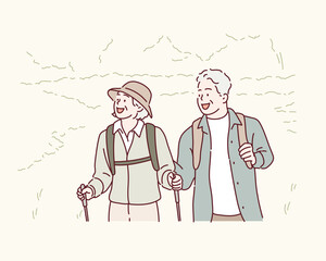 Elderly couple mountain climbers with backpacks during nature adventure Original vector illustration drawn by hand.