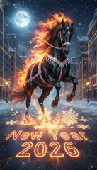 The Red Fire Horse is the symbol of 2026. A vector postcard of a horse on New Year's Eve, against the backdrop of a house and a Christmas tree with presents.