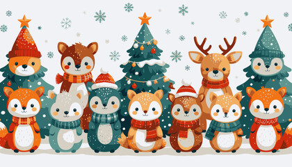 A group of cute cartoon woodland animals including foxes, a deer, and penguins celebrating Christmas in a snowy winter scene.