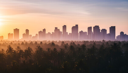 Obraz premium City Silhouette Over Coconut Grove: Peaceful Morning Mist
