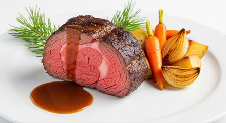 Single prime rib slice on white plate with sauce. Pine needles and roasted vegetables as accompaniment.  Holiday prime rib carved and sliced, vibrant colors, gourmet style
