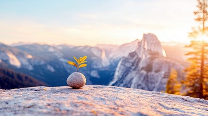A small plant growing from a stone sits on a cliff edge with a vast mountain landscape and sunrise in the background.