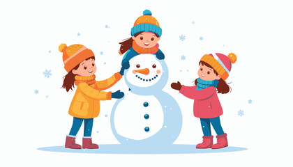 Three cheerful children in winter clothing building a snowman together on a snowy day.