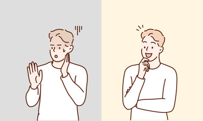 A man who is worried and a man who has solved it. Original vector illustration drawn by hand.