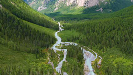 The Shavla River in the Altai Mountains in summer, as seen from a drone
