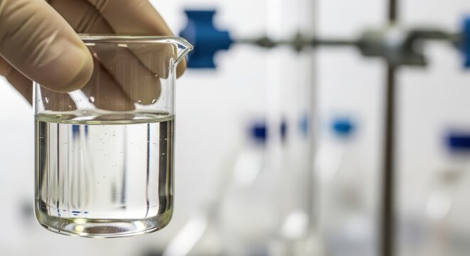 Close-up of scientist holding transparent liquid in laboratory setting