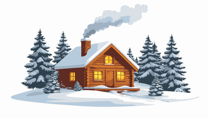 A cozy wooden cabin nestled in a snowy forest with smoke billowing from its chimney.