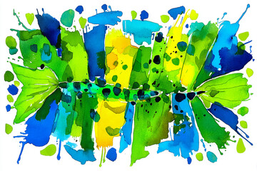 Vibrant abstract watercolor splash background in blue, green, and yellow. Vivid blue, green, and yellow vertical strokes with black spots.
