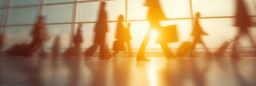 Crowd of business people in motion inside bright city lobby, energetic blur - Powered by Adobe