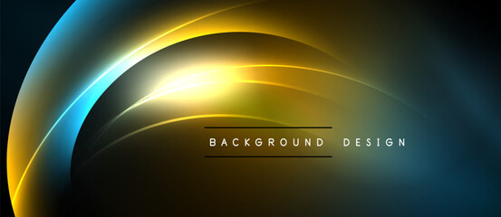 Abstract neon lines create dynamic curves. Yellow, blue hues blend into dark background. Modern design element for digital projects.