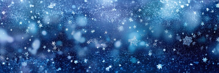 Sparkling dark blue winter background with falling snow, snowflake, and frost. Abstract holiday season design