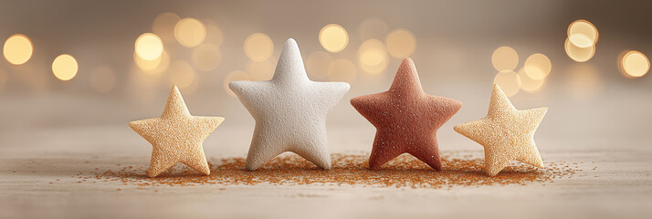 Four star-shaped cookies, different color, with sprinkle, warm bokeh light background, Christmas and holiday season concept