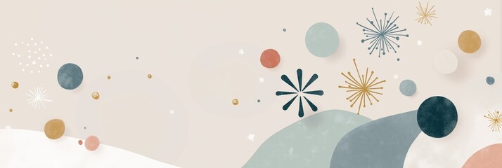 Abstract winter art background, subtle pastel watercolor shapes, starbursts, dots, and planets on light beige backdrop