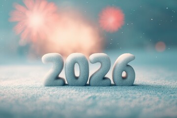 Year 2026 text made of snow or frosty material, on snowy ground with blurred fireworks and falling snow in background. Winter holiday and New Year celebration concept