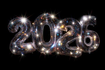 Shiny, sparkling, and reflective foil balloons forming the number 2026 against a dark black background, representing new year celebration, future, and success