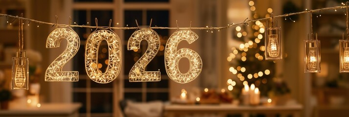 Illuminated 2026 year number light garland, festive decoration for New Year's Eve celebration in a cozy home interior with blurred background