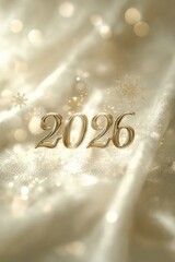 Golden metallic number 2026 on a luxurious, festive background with bokeh light, glitter, and snowflake, symbolizing New Year, celebration, and luxury
