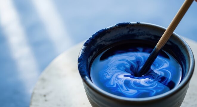 Ceramic bowl with swirling blue paint and wooden brush in artistic setting - Powered by Adobe