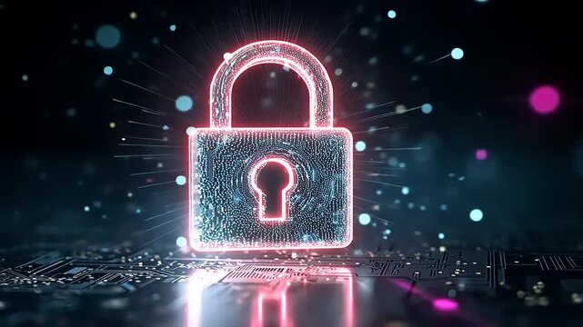 Futuristic digital lock symbolizing cybersecurity, surrounded by glowing data particles and technology