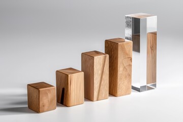 Minimalist wooden bar chart with transparent block for business analytics and financial data visualization