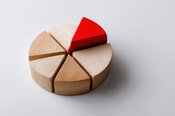 Red segment in wooden pie chart symbolizing market share and data analysis
