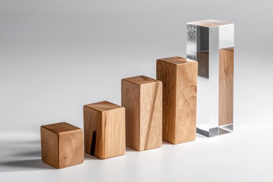 Minimalist wooden bar chart with transparent block for business analytics and financial data visualization