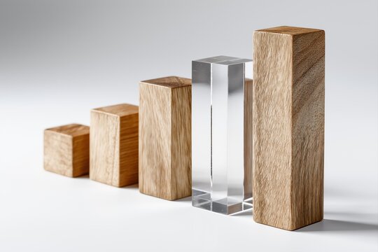 Wooden and transparent bar chart for business analytics, financial report and corporate data visualization