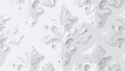 Elegant white seamless background with a three-dimensional baroque acanthus leaf pattern.