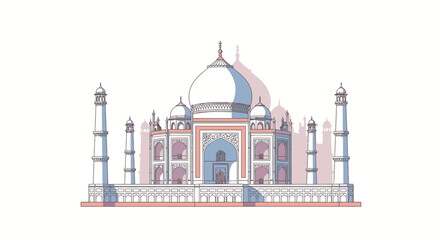 Stylized illustration of the iconic Taj Mahal monument in India with soft pastel colors.
