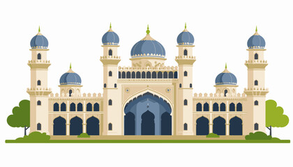 An illustration of a grand mosque with multiple domes and minarets, showcasing Islamic architecture.