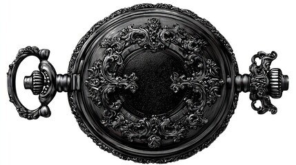 Ornate, jet-black pocket watch. Elaborate filigree design with crown and winding stems. Isolated on white