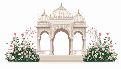 Ornate wedding mandap with floral arrangements, white background.