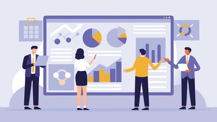 Modern flat vector illustration depicting diverse employees collaborating effectively in a professional business environment showcasing teamwork and communication