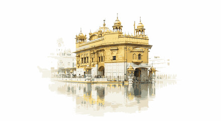 The iconic Golden Temple, also known as Sri Harmandir Sahib, reflected in its sacred pool against a minimalist white background.