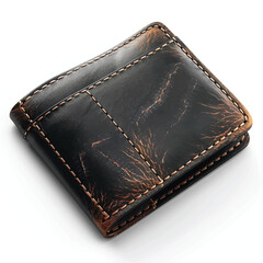 Luxury Leather Wallet with Stitching Details Isolated on White Background.