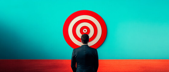 A man stands facing a large red and white target on a vibrant teal wall, symbolizing focus, goals, and aspirations.