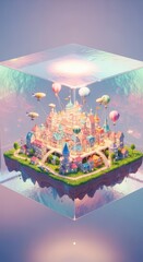 Obraz premium Miniature floating island community encapsulated within a shimmering transparent cube