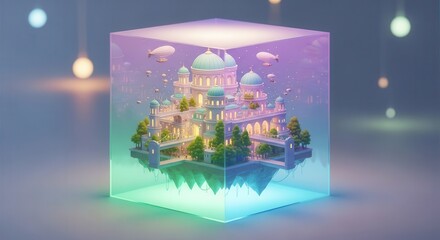 Illuminated fantasy citadel floats suspended within a translucent cubic container