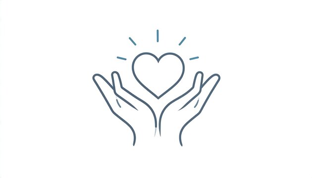 Line art two open hands cradling a radiant heart against a white background, simple and minimal design