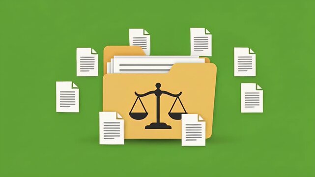 Legal case file folder with justice scale icon on a solid color background