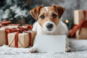 Jack Russell terrier in festive atmosphere, surrounded by gifts and lying on snowy surface. There is a clean white postcard in front of the dog. Mockup for congratulations