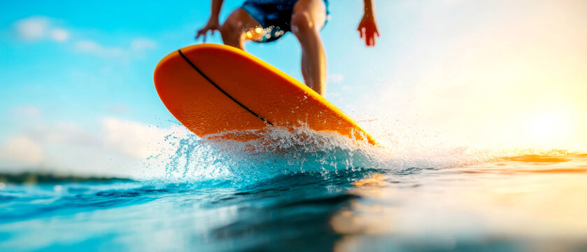 A person surfing on a vibrant orange board, creating splashes on the water with a bright, sunny backdrop.