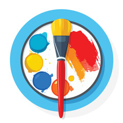 Flat style icon of a paintbrush and artist palette, isolated on a clean white background, featuring simple colorful design elements suitable for creative tools.