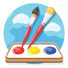 Flat style icon of a paintbrush and artist palette, isolated on a clean white background, featuring simple colorful design elements suitable for creative tools.