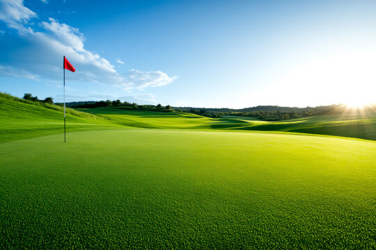 A serene golf course scene featuring a flag on the green, surrounded by lush grass and a clear blue sky.