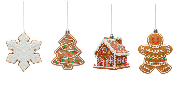 Enfeites de &aacute;rvore de natal em formato de biscoitos natalinos. Floco de neve, &aacute;rvore de natal, casa natalina e boneco 